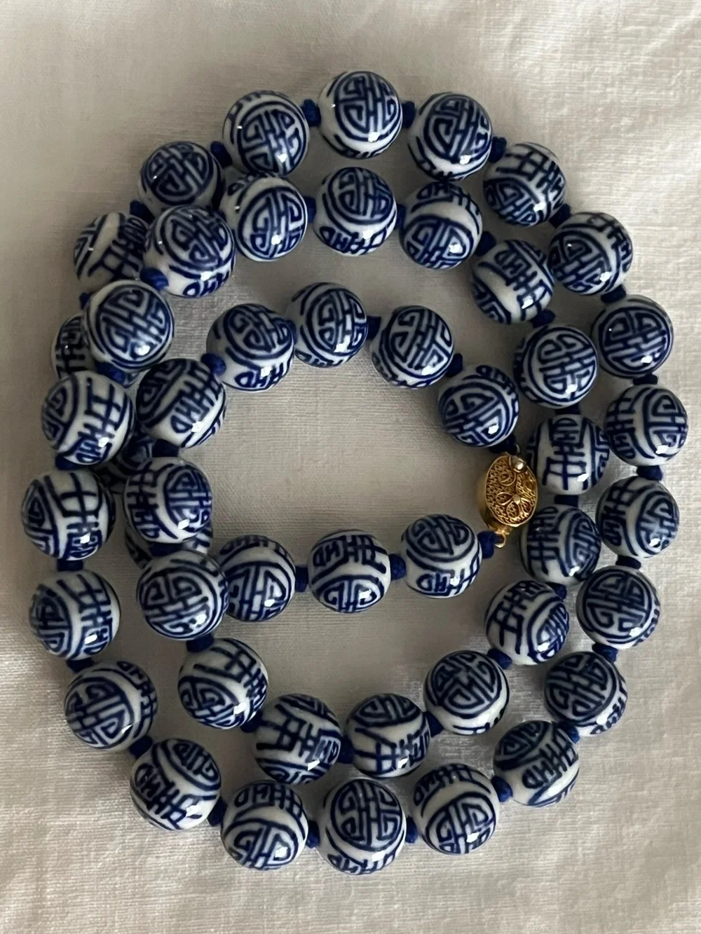 Handknotted Blue and White Asian Porcelain Bead Necklace